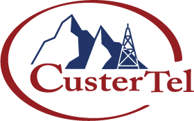Custer Tel Logo in Red and Blue with mountains and cell tower